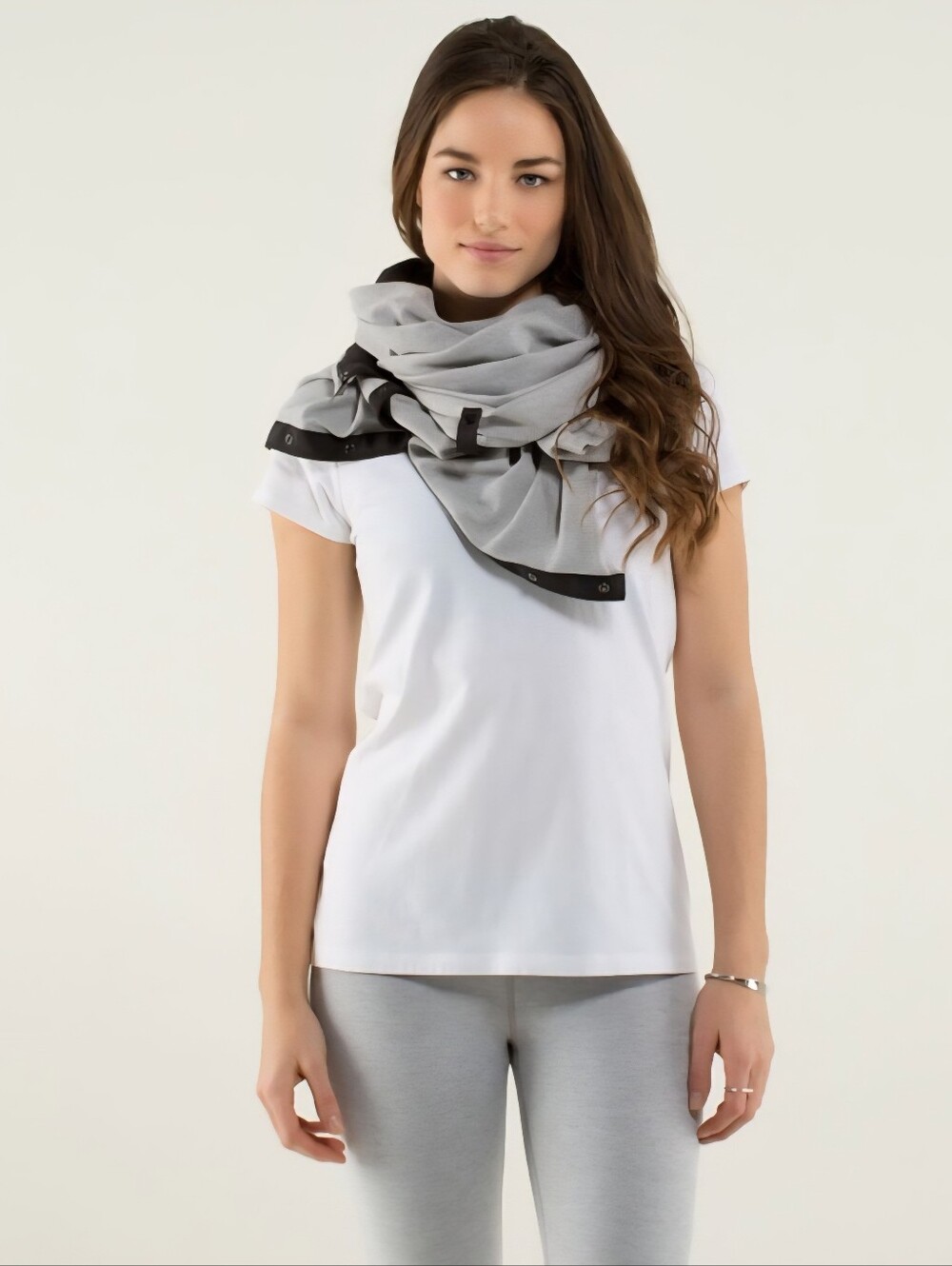 Lululemon Vinyasa Scarf wrap featuring gray striped fabric and snap closures - Picture 2 of 6